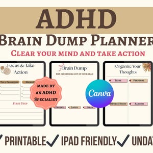 Può includere: Brain Dump Planner per ADHD con il testo "Clear Your Mind and Take Action". Il planner include sezioni per organizzare i pensieri, concentrarsi sulle priorità e un'area di brain dump. È stampabile, compatibile con iPad e non datato.