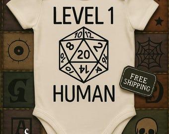DnD Baby Grow -Level 1 Human Baby Vest– Funny RPG Gamer Gift – Geeky Baby Outfit – Tiny Terrors Handmade Bodysuit