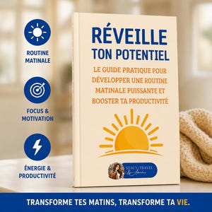 May include: A book titled "RÉVEILLE TON POTENTIEL" with the text "LE GUIDE PRATIQUE POUR DÉVELOPPER UNE ROUTINE MATINALE PUISSANTE ET BOOSTER TA PRODUCTIVITÉ". The cover features a rising sun graphic and icons for morning routine, focus, and energy.