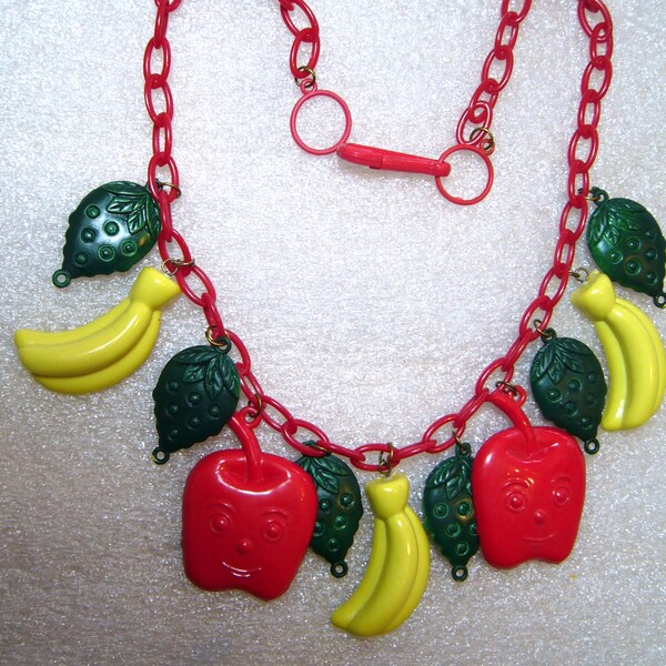 Vintage early plastic apples, bananas & strawberries necklace