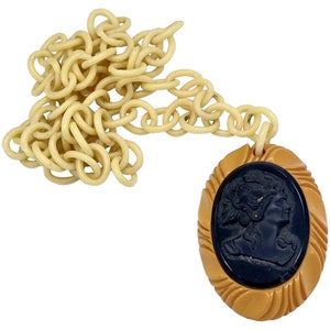 Vintage Bakelite cameo & Celluloid chain pendant necklace