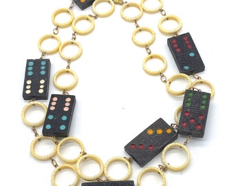 Vintage early plastic off white circles and black domino with multi colours dots long necklace