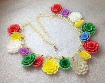 Vintage early plastic celluloid painted flowers necklace