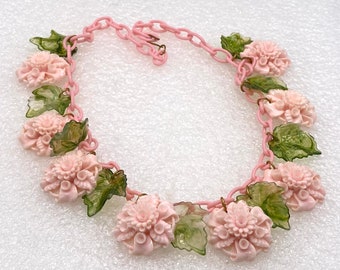 Vintage celluloid pink roses and leaves necklace