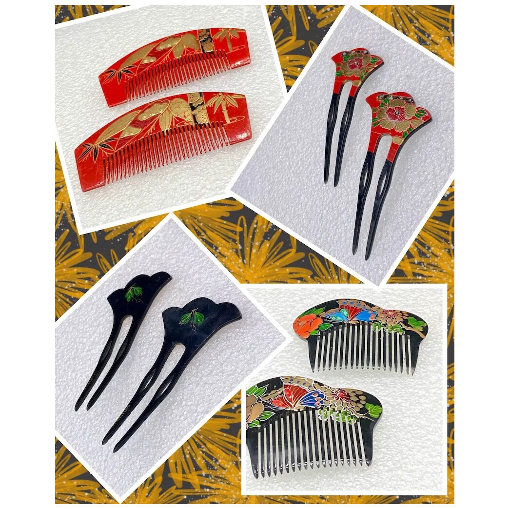 Vintage Red Hair comb Sarsaparilla Signed Vintage hand painted Vintage Japanese Style Wooden Lacquered Hand Painted Comb  main image 2