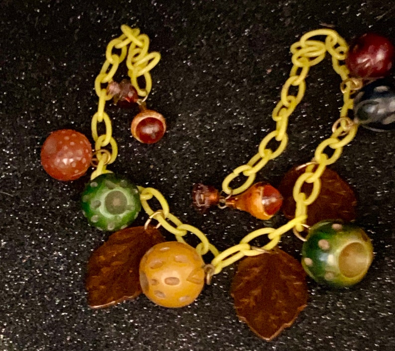 Vintage bakelite & celluloid hand carved fruits and celluloid leaves necklace image 1