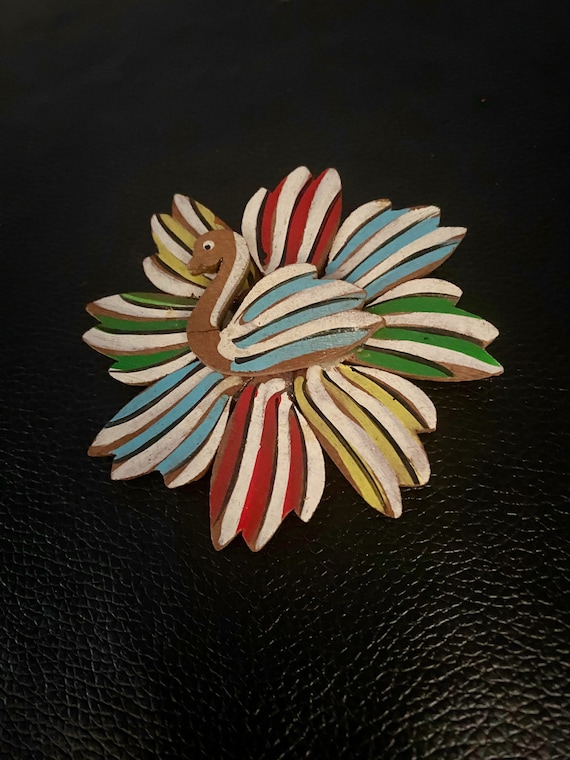 Vintage huge swan hand painted wood pin brooch - b