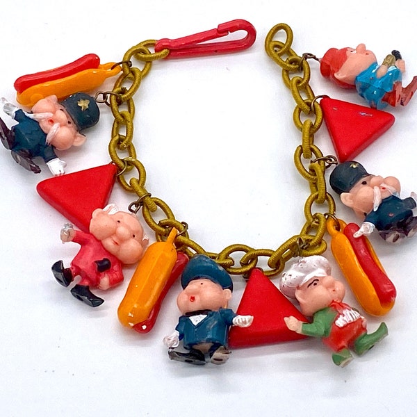 Vintage style plastic piggies figurines bracelet - cartoons characters