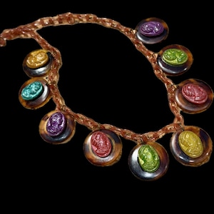 Vintage Galalith, hand painted glass & celluloid cameo necklace