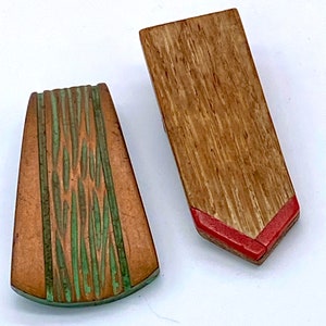 Two Vintage 1930s art deco galalite and wood fur /dress clips
