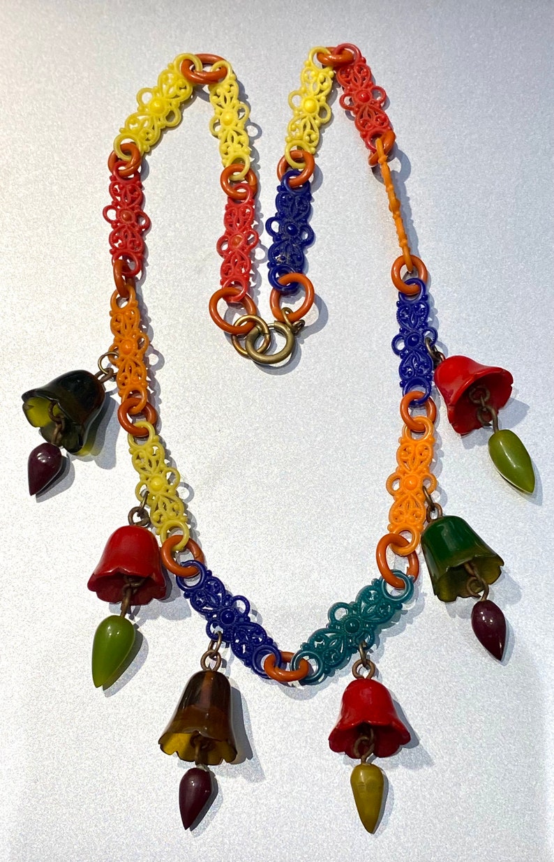 Vintage celluloid and bakelite bells necklace image 2