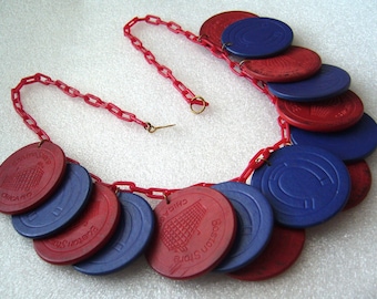 Vintage celluloid and papier mache' 1940s red and blue dangles necklace - bakelite era