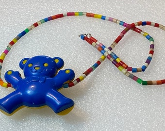 Vintage style multi colours plastic beads and bear necklace