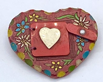 Special for Valentine day - Vintage old hand made wood and celluloid heart pin brooch with photo