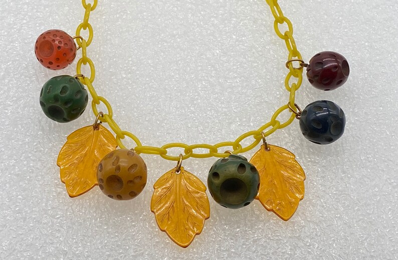 Vintage bakelite & celluloid hand carved fruits and celluloid leaves necklace image 3