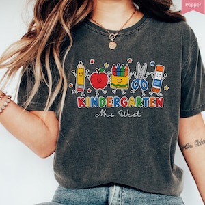 Custom Kindergarten Teacher Shirt, Teacher Life Tee, Preschool Teacher School Supplies Comfort Colors® T-shirt, Crayon Apple Pencil Shirt T2 Pepper