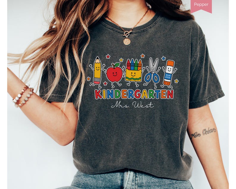 Custom Kindergarten Teacher Shirt, Teacher Life Tee, Preschool Teacher School Supplies Comfort Colors® T-shirt, Crayon Apple Pencil Shirt T2 Pepper
