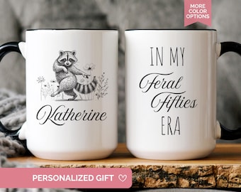 Funny 50th Birthday Mug, Personalized Raccoon Design, Feral Fifties Gift MB3