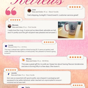 May include: A graphic display titled Customer Reviews featuring six five-star feedback entries from various users. One entry includes a photograph of a white ceramic mug with a pink handle and a raccoon illustration with the name Jamie printed below.