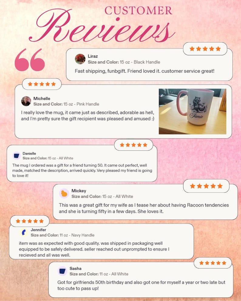 May include: A graphic display titled Customer Reviews featuring six five-star feedback entries from various users. One entry includes a photograph of a white ceramic mug with a pink handle and a raccoon illustration with the name Jamie printed below.