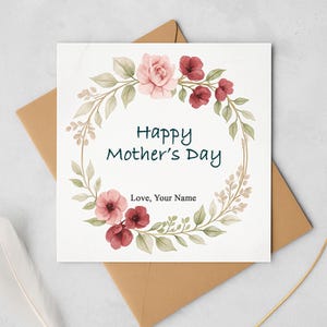 Personalized Happy Mother's Day Cards, Custom Name Floral Wreath Design Card For Mom