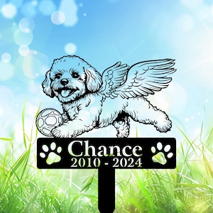 Custom Playful Angel Bichon Frise with Ball Memorial Stake, Dog Sympathy Sign, Custom Dog Garden Stake, Dog Loss Gift, Remembrance Stake