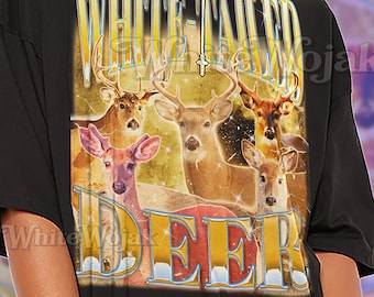 Camiseta estilo bootleg com estampa de veado-de-cauda-branca, camiseta clássica vintage com estampa de animais selvagens e natureza, camiseta retrô dos anos 90, suéter com estampa de veado-de-cauda-branca.