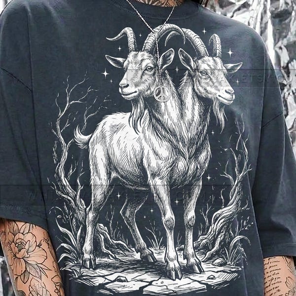 Vintage Two Headed Goat Comfort Colors® Tshirt, Retro Mystical Animal Tees, Dark Academia Y2K Streetwear Creepy Occult Nature Gift,