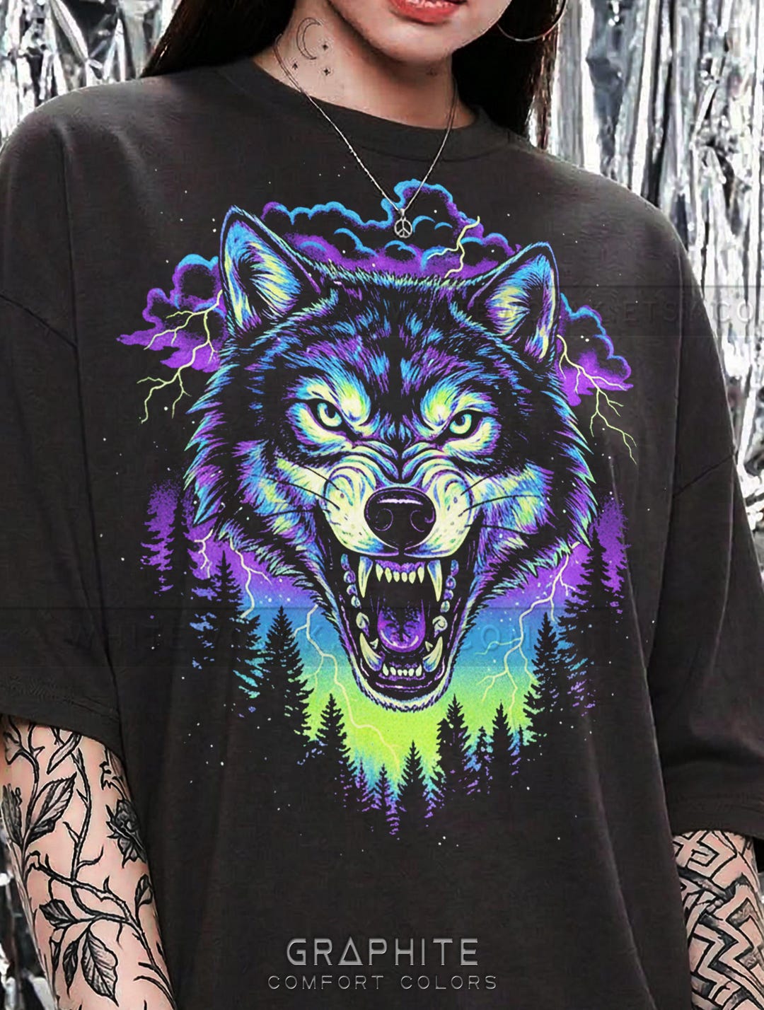 Neon Lightning Wolf 90S Graphic Style Comfort Colors® Tshirt, Retro ...