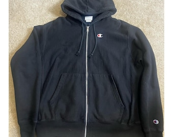 Vintage 90s Black Blank champion Reverse Weave Hoodie Rare Logo Large Full Zip