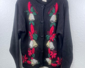 Vintage Victoria Jones Cardigan Damen Ugly Christmas Perlenbesetzter Strickpullover M Schwarz