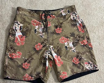 Vintage Tommy Bahama Board Shorts Hawaiian Hula Girls Reversible Large Pocket