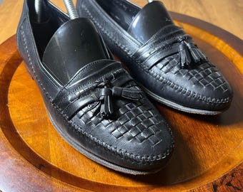 Vintage Florsheim instappers met kwastjes, nette schoenen van geweven leer met kiltie, zwart, maat 8.5 D