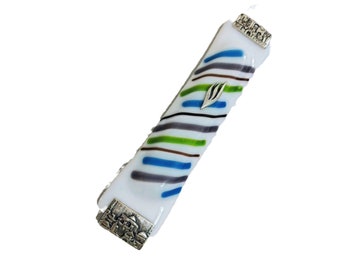 White Glass Mezuzah With Stripes