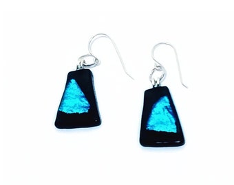 Sparkling Blue and Black Fused Glass Earrings