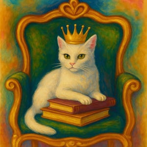 Op de afbeelding: Illustratie van een witte kat met een gouden kroon, zittend op een groene stoel met gouden details, bovenop twee boeken. Het kunstwerk heeft een grillige stijl met een kleurrijke achtergrond, die koninklijkheid en fantasie suggereert.