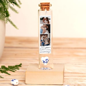 20th Anniversary Gift, China Anniversary Gift, Porcelain Heart Bottle with Photo Strip Gift, Personalized 20 Anniversary Keepsake, Wedding
