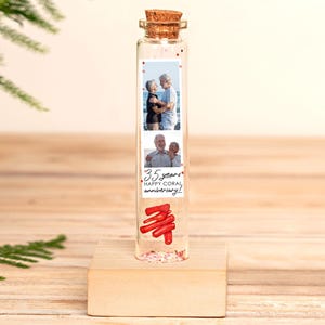 35th Coral Anniversary Gift, Fake Red Coral Charm Bottle with Photo Collage, Personalized 35 Year Anniversary Keepsake & Custom Portrait