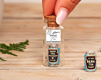 Personalized 10th Tin Anniversary Gift, Miniature Tin in a Bottle, Funny 10 Year Wedding Anniversary Gift with Photo, It Has Bean Tin Years