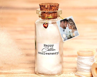 Cadeau 2e anniversaire de mariage, 2e anniversaire de mariage en coton, cadeau miniature en coton, bouteille personnalisée avec du coton, cadeau photo, cadeau pour mari et femme