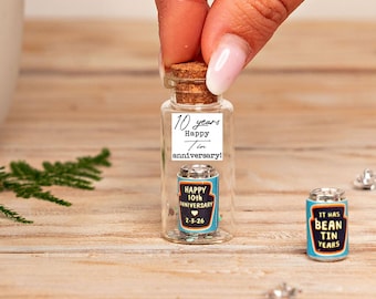 Personalized 10th Tin Anniversary Gift, Miniature Tin in a Bottle, Funny 10 Year Wedding Anniversary Gift with Photo, It Has Bean Tin Years