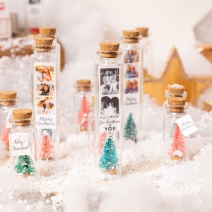 Könnte beinhalten: Kleine Glasflaschen mit Korken, gefüllt mit einem Miniatur-Weihnachtsbaum und einem Fotostreifen. Einige Flaschen tragen Etiketten mit den Aufschriften "Merry Christmas" und "All I want for Christmas is you."