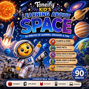 以下が含まれることがあります： Toneify Kid's Learning About Spaceというタイトルのデジタル教育グラフィック。宇宙飛行士のキャラクター、望遠鏡、探査機、惑星が描かれています。惑星、星、ブラックホールなどのトピックが記載されており、toniebox、yoto player、tonies、mp3 player、コンピューターに対応した90分のコンテンツであることを示しています。