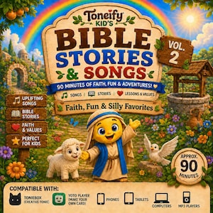 May include: A digital cover for Toneify Kid's Bible Stories & Songs Vol. 2 featuring a cartoon character in a robe, a lamb, and a dove. The text includes 90 minutes of faith, fun & adventures, and compatibility icons for Toniebox, Yoto, and devices.