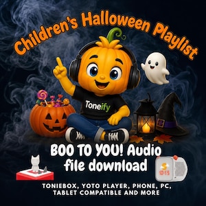 May include: A digital graphic featuring a pumpkin-headed character wearing black headphones and a black shirt with the text Toneify. The image includes a jack-o'-lantern, a ghost, a witch hat, a lantern, and text reading Children's Halloween Playlist.
