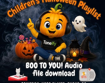 May include: A digital graphic featuring a pumpkin-headed character wearing black headphones and a black shirt with the text Toneify. The image includes a jack-o'-lantern, a ghost, a witch hat, a lantern, and text reading Children's Halloween Playlist.