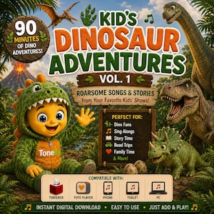 Peut inclure: Une couverture de média numérique intitulée Kid's Dinosaur Adventures Vol. 1 avec un personnage en costume de dinosaure vert, un T-Rex, un tricératops et un dinosaure au long cou. Le visuel inclut des textes sur 90 minutes d'aventures, des chansons et des icônes de compatibilité pour Toniebox, Yoto Player, téléphone, tablette et PC.