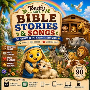 May include: A digital media cover titled Toneify Kid's Bible Stories & Songs featuring a cartoon shepherd with a lamb, various animals, a wooden ark, and a rainbow. It lists 90 minutes of content and compatibility with Toniebox, Yoto, phones, tablets, computers, and MP3 players.