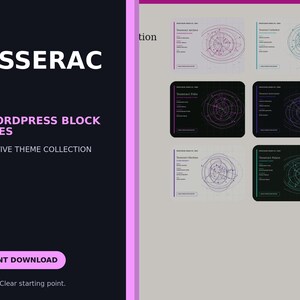 May include: A digital graphic display featuring the text TESSERACT 20 WORDPRESS BLOCK THEMES GENERATIVE THEME COLLECTION and INSTANT DOWNLOAD. The layout includes six rectangular preview cards showing abstract circular geometric line art designs.