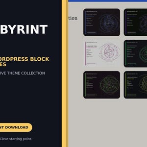 May include: A digital product display titled LABYRINTH featuring 20 WordPress block themes in a generative theme collection. The graphic includes a dark panel with yellow accents and a grid of six distinct abstract circular line art designs.